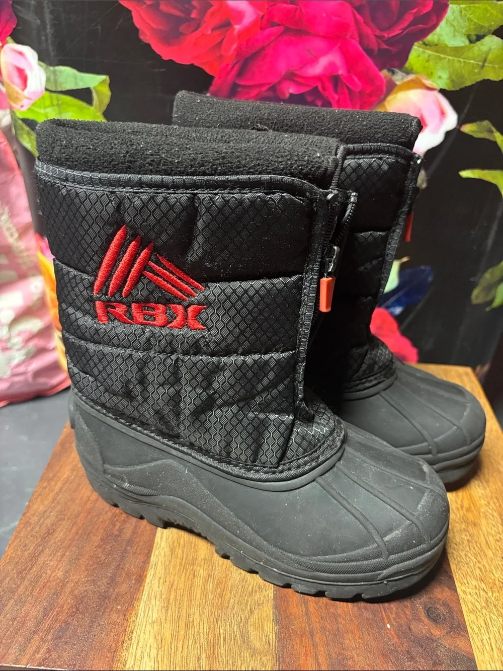 RBX Black Quilted Snow Boots with Red Logo Accent